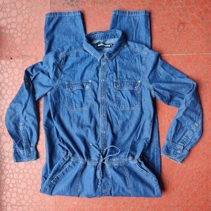 Dollhouse Denim Jumpsuit Womens S Drawstring Waist Long Sleeves Pockets Coverall